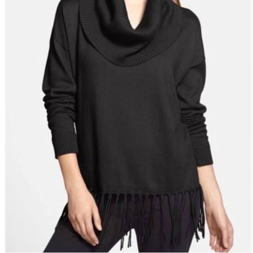 MICHAEL KORS Black Cowl Neck Sweater Fringe Hem - Size M